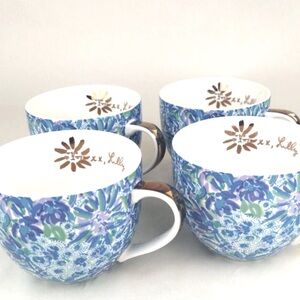 Lilly Pulitzer Hidden Cat Floral Set of 4 Coffee Mug 12 oz Blue Purple Gold Trim